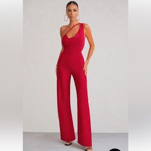 RED ASYMMETRIC COWL NECK WIDE LEG JUMPSUIT WITH OPEN BACK DETAIL